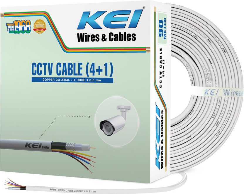 KEI CCTV Cable 4+1, 99.97% Pure Copper Conductor FR PVC Jelly Filled Co-Axial 0.9 sq/mm White 90 m Wire(White)
