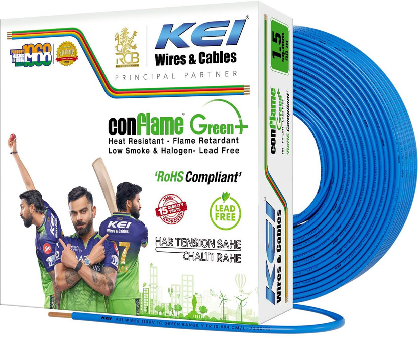 KEI CONFLAME GREEN PLUS 1 Core Copper Lead Free House Wire for Domestic & Industrial 1 sq/mm Blue 90 m Wire(Blue)