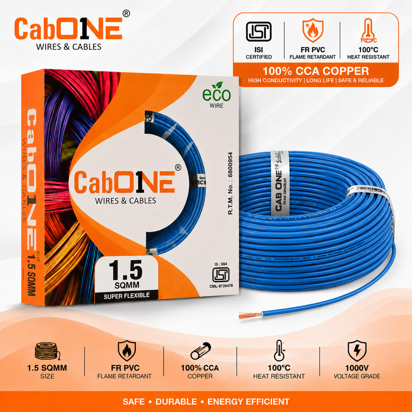 CabONE Lite 1.5 Sqmm Electrical Wire|90m|Single Core|Copper|FR PVC Insulation Domestic 1.5 sq/mm Blue 300 ft. Wire(Blue)