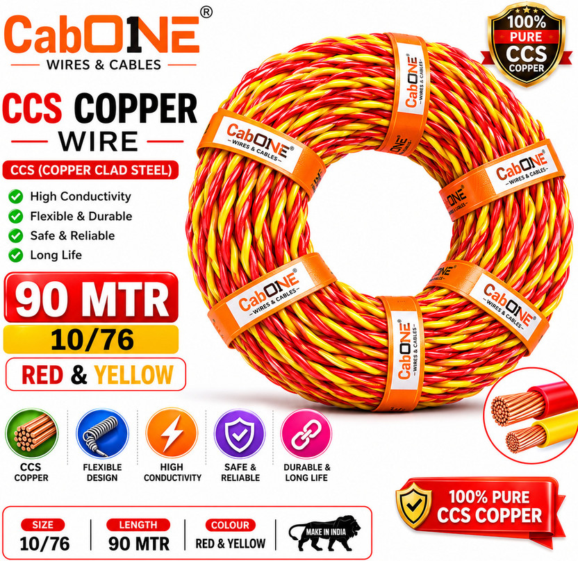 CabONE 10/76 PVC Flexible Twisted Copper Wire 2 Core Electric electrical Cable|90 MTR 0.25 sq/mm Red, Yellow 91 m Wire(Red, Yellow)