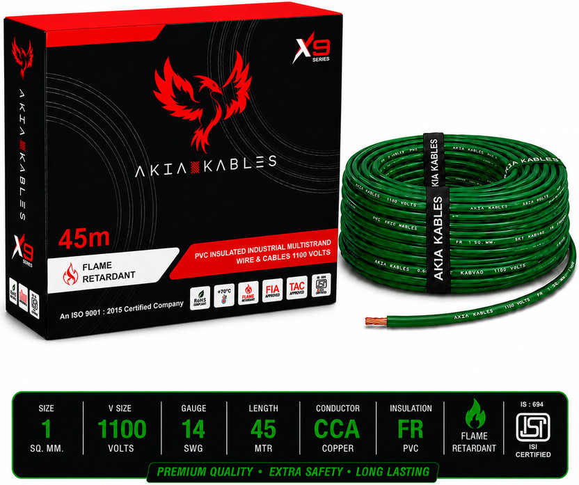 AKIA KABLES 1 SQ MM |45M | PVC Insulated C Wire, Single Core Industrial Wiring Cable 1 sq/mm Green 45 m Wire(GREEN)