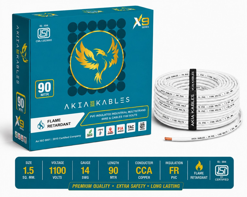 AKIA KABLES 1.5 sq/mm PVC Insulated CCA _90M Copper Wire, Single Core Industrial Wiring Cab 1.5 sq/mm White 90 m Wire(White)