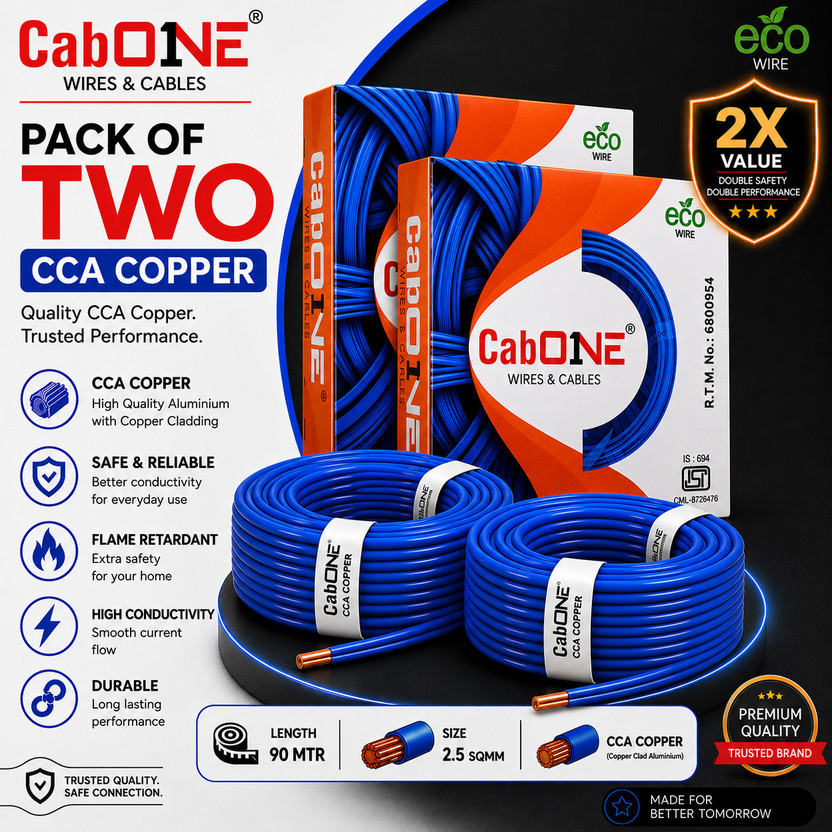 CabONE COPPER 2.5 Sqmm 90 MTR FR PVC Multi Strand Electrical Wire Cable Pack of-2 2.5 sq/mm Blue 300 ft. Wire(Blue)