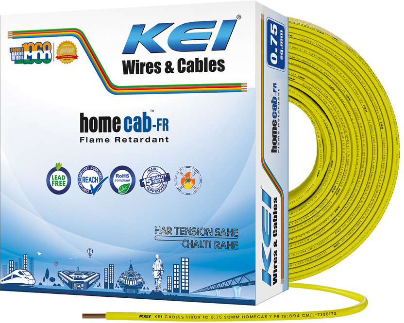 KEI Homecab 99.97% Pure Copper Conductor FR PVC Insulated 0.75 sq/mm Yellow 90 m Wire(Yellow)