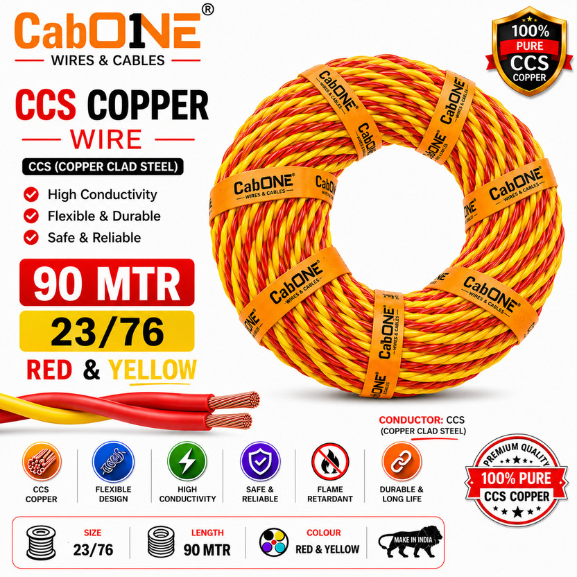 CabONE 23/76 PVC Flexible Twisted Copper Wire 2 Core Electric electrical Cable|90 MTR 0.5 sq/mm Red, Yellow 91 m Wire(Red, Yellow)