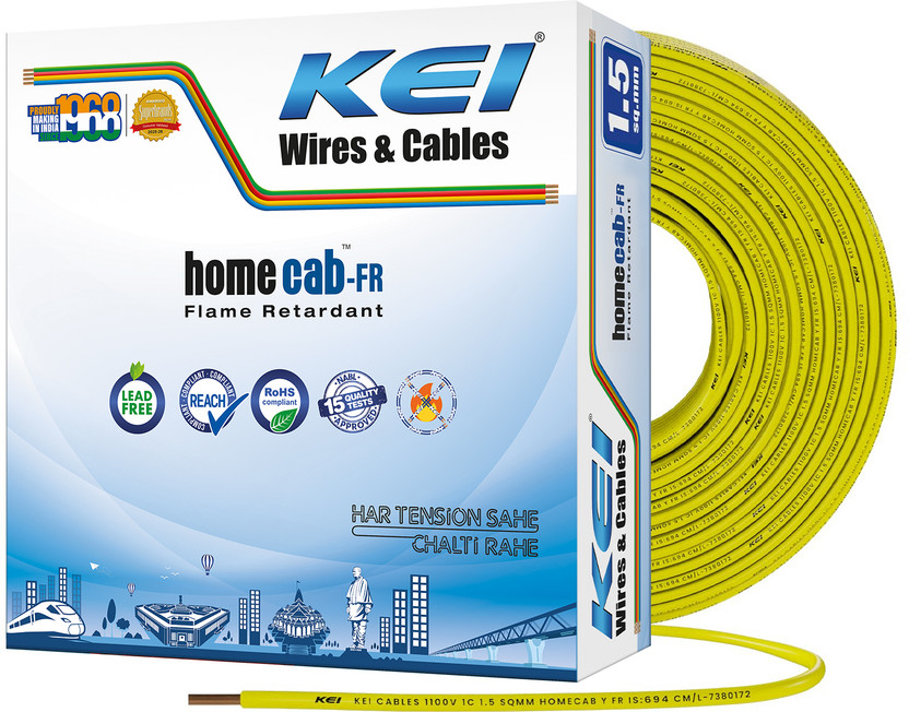 KEI Homecab 99.97% Pure Copper Conductor FR PVC Insulated 1.5 sq/mm Yellow 90 m Wire(Yellow)