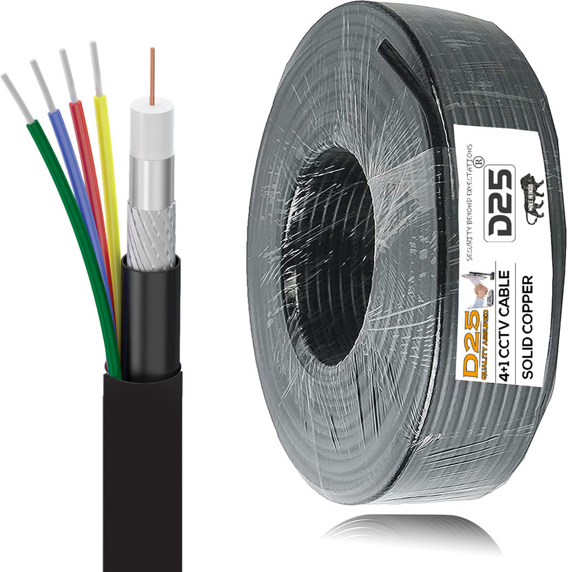 D25 60 METER 23AWG Pure Copper 3+1 CCTV Camera Coaxial Cable For High-Speed Signal 1 sq/mm Black 60 m Wire(Black)