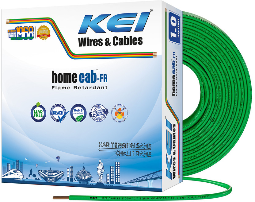 KEI Homecab 99.97% Pure Copper Conductor FR PVC Insulated 1 sq/mm Green 90 m Wire(Green)