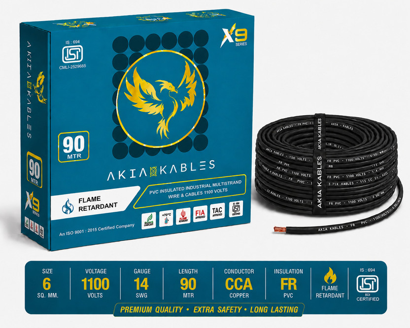 AKIA KABLES 6 sq/mm PVC Insulated CCA _90M Copper Wire, Single Core Industrial Wiring Cab 6 sq/mm Black 90 m Wire(Black)