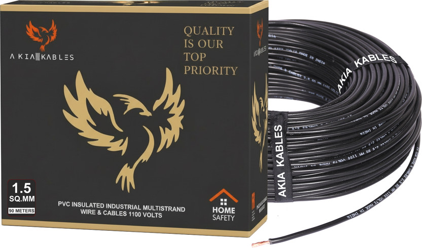 AKIA KABLES 1.5 sq/mm PVC Insulated CCA Copper Wire, Single Core Industrial Wiring Cable 1.5 sq/mm Black 90 m Wire(Black)