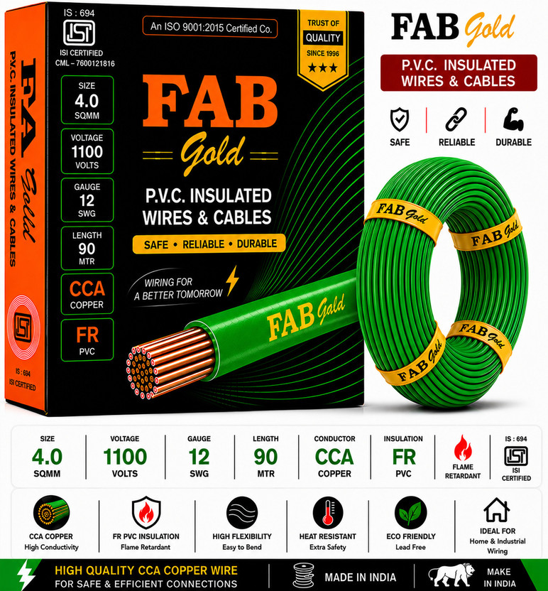 kripa FABGOLD 4.0 sqmm |90 MTR |Multi Strand| Electrical Wire Cable| Premium quality 4 sq/mm Green 300 ft. Wire(Green)