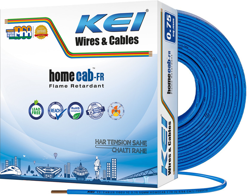 KEI Homecab 99.97% Pure Copper Conductor FR PVC Insulated 0.75 sq/mm Blue 90 m Wire(Blue)