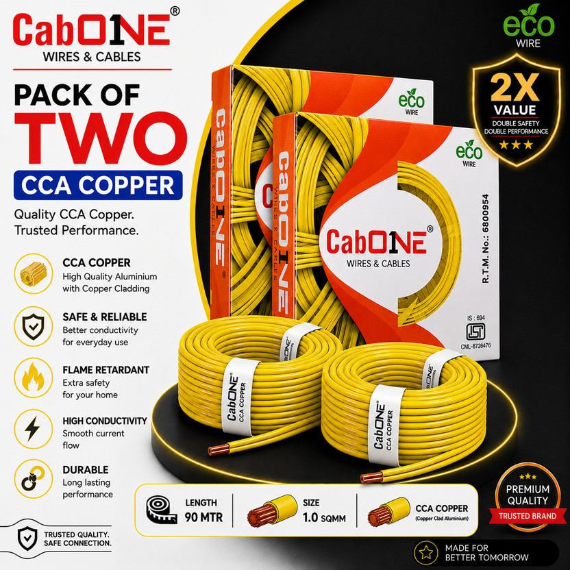 CabONE COPPER 1.0 Sqmm |90 MTR FR PVC Multi Strand Electrical Wire Cable Pack of-2 1 sq/mm Yellow 300 ft. Wire(Yellow)
