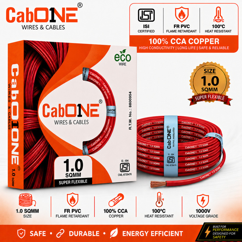 CabONE Lite 1.0 Sqmm Electrical Wire|90m|Single Core|Copper|FR PVC Insulation Domestic 1 sq/mm Red 300 ft. Wire(Red)