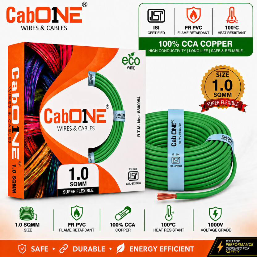 CabONE 1.0 sqmm COPPER Electrical Wire 90 MTR | Single Core | FR PVC Insulated Domestic 1 sq/mm Green 300 ft. Wire(Green)