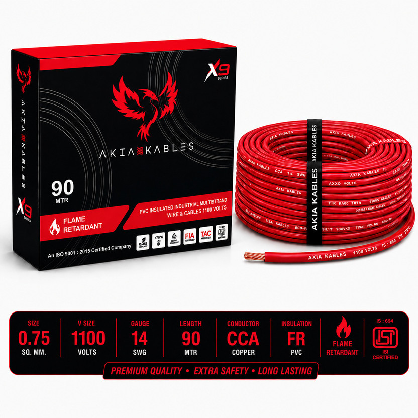 AKIA KABLES 0.75 sq/mm PVC Insulated CCA _90M Copper Wire, Single Core Industrial Wiring Cab 0.75 sq/mm Red 90 m Wire(Red)