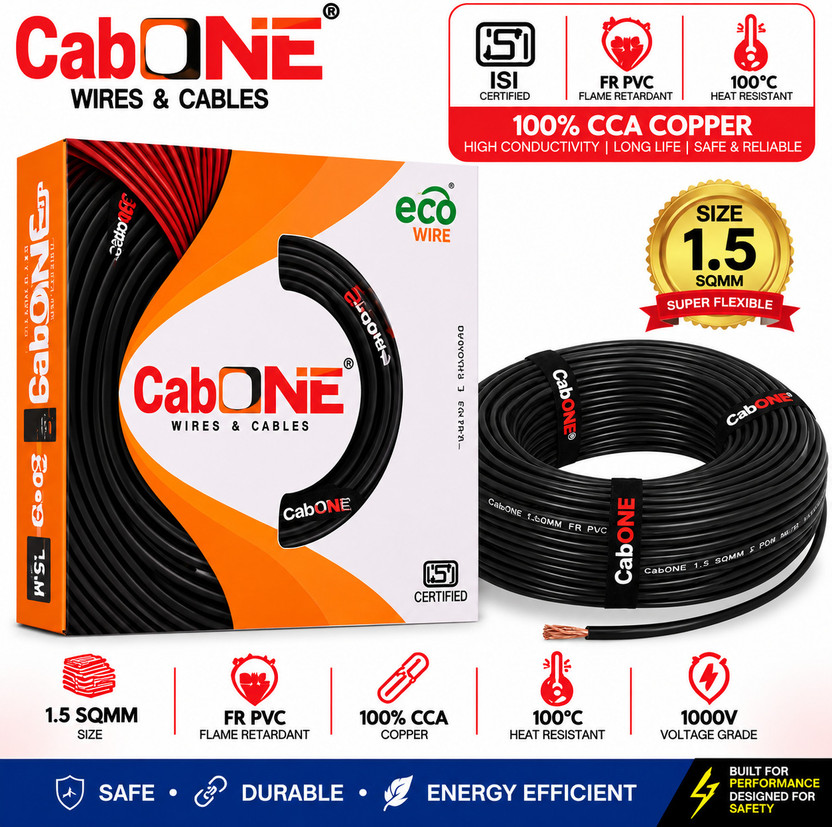 CabONE Lite 1.5 Sqmm Electrical Wire|90MTR|Single Core|Copper|FR PVC Insulation Cables 1.5 sq/mm Black 300 ft. Wire(Black)