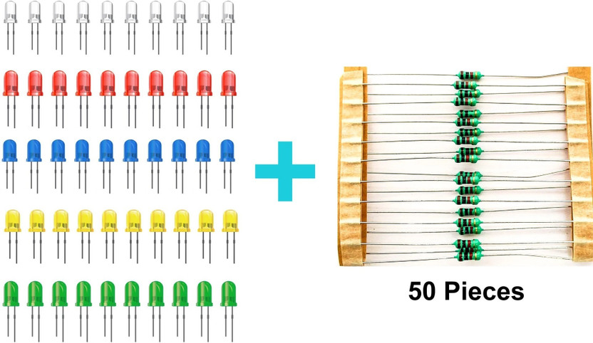 NEXT NEXT GEEK 50 Pieces 5mm LED and 50 Pieces Resistance Diodes Round Head DIY Light Electronic Components Electronic Hobby Kit - Flipkart Deal