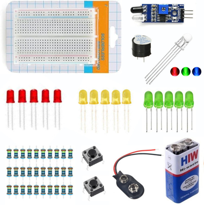 SHEKTRONIX DIY Electronics Starter Kit with Breadboard, LEDs, Resistors, IR Sensor & Buzzer Educational Electronic Hobby Kit