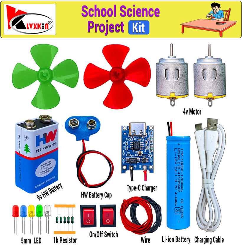 KLVXKEN Basic Electric DC Motor, LED, 3.7v Battery, Fan Science Project Kit For Student Electronic Components Electronic Hobby Kit