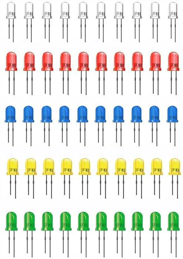 AVISRI 150 pcs LED Red, Green, Blue, Yellow, and White (30 each) 5mm low voltage LED Module Electronic Hobby Kit