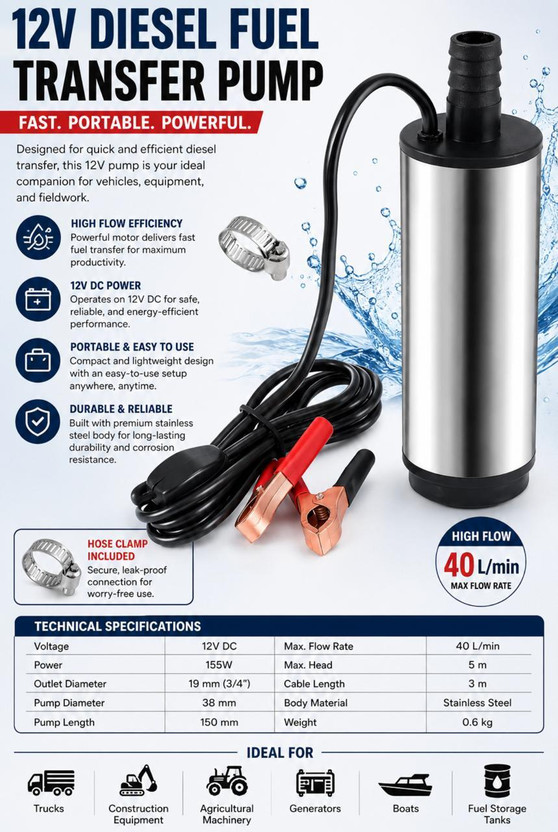 3REE 12V DC Portable Submersible Diesel Water Pump 60W Electronic Components Electronic Hobby Kit