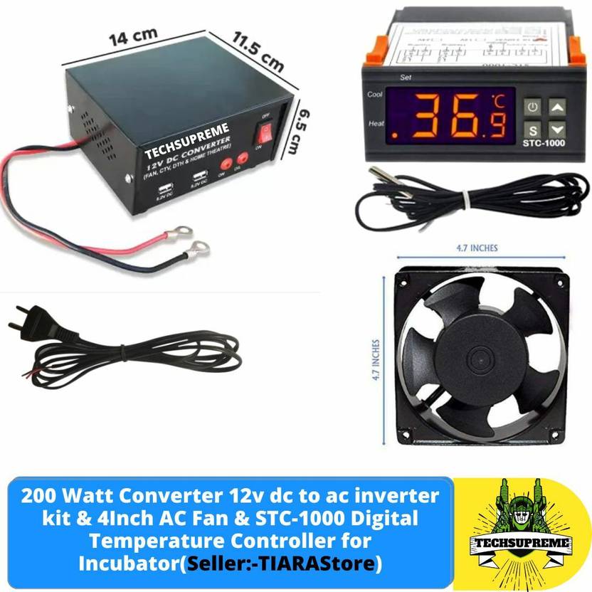 TechSupreme 200W 12v dc to ac Converter,4InchAcFan STC1000 Temperature ...