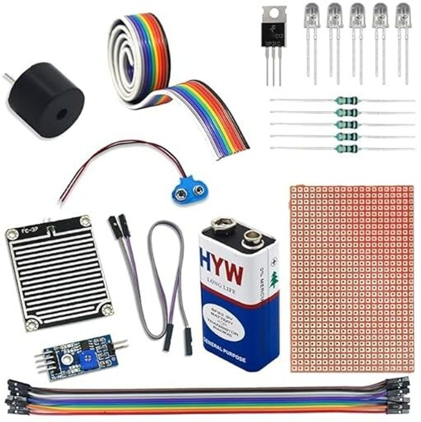 Testin Electronics Rain Sensor Alarm DIY Kit with PCB, Buzzer, LEDs & 7805 Regulator Set Electronic Components Electronic Hobby Kit