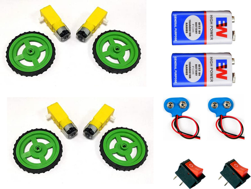 INDOUS 4x BO Gear Motors, 4x Wheels, 2x 9V Batteries, Connectors & Switches Educational Electronic Hobby Kit