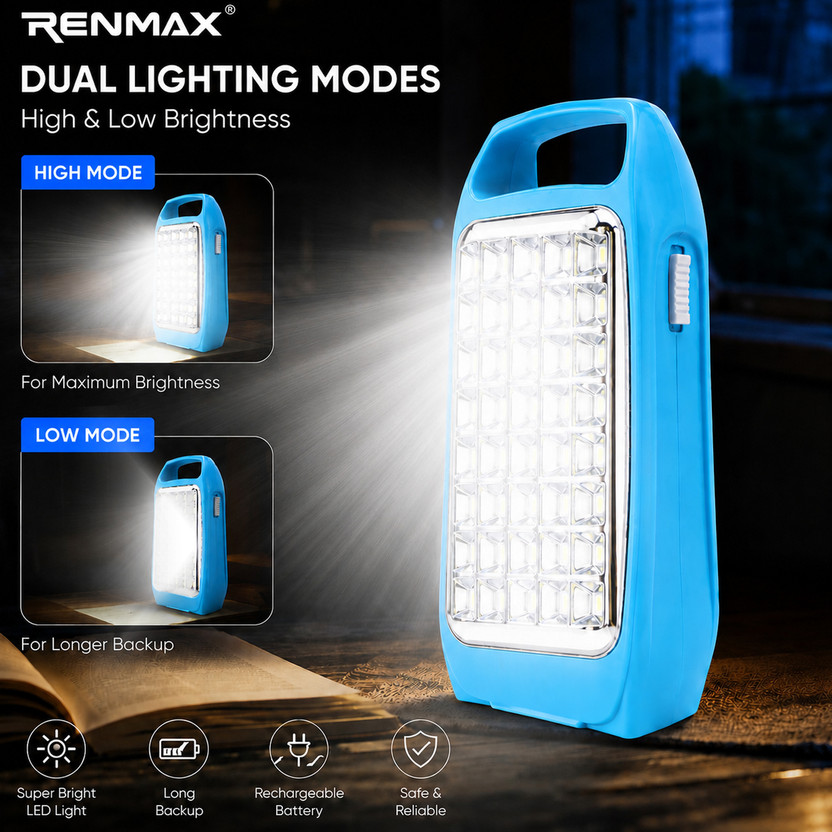 RENMAX RENMAX Rechargeable LED Emergency Portable Light Bright Lantern With AC/DC Charging 4 hrs Lantern Emergency Light(Blue) - Flipkart Deal