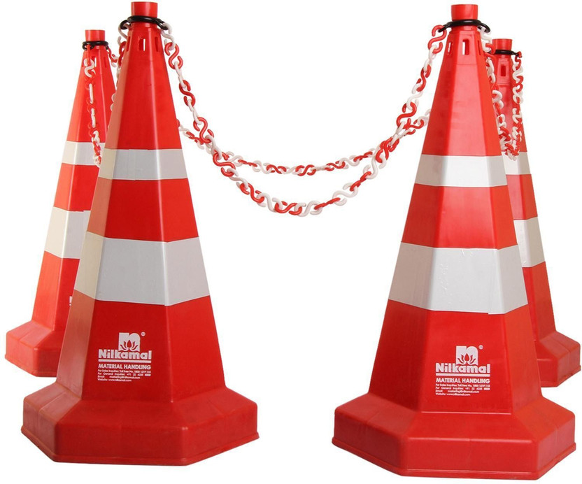 Ladwa Road Traffic Safety Cone, Pack of 4 cones 750mm, with 4 mtr chain + 4 hooks, Safety Cone, Traffic Safety Cone, Nilkamal Road Safety Cone with Reflective Strips Collar Emergency Sign(Reflective Sign)