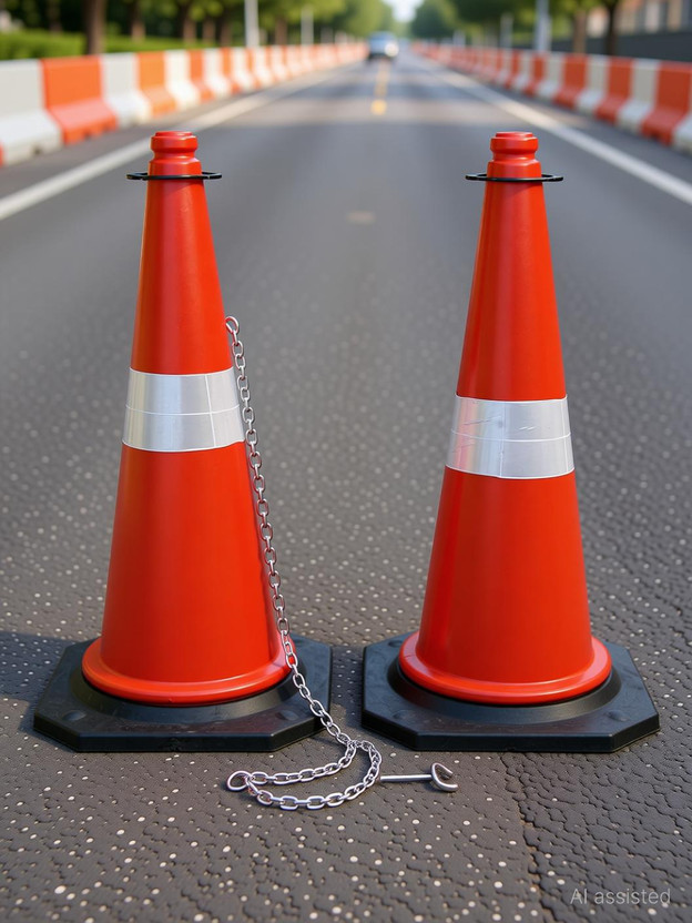 Ladwa Road Traffic Cone, Pack of 2 cones 750mm, with 2 mtr chain + 2 hooks, (Safety Cone, Traffic Safety Cone, Road Safety Cone with Reflective Strips Collar) Emergency Sign(Reflective Sign)