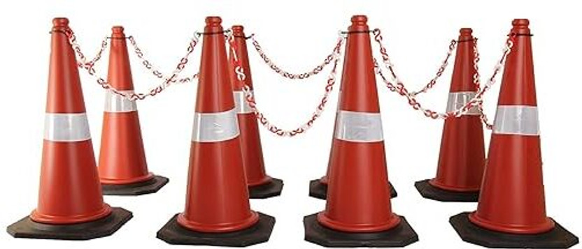 Kunplast Traffic Cone with Weighted Rubber Base, 750mm with 8mtr chain + 8 hook, Pack of 8 Emergency Sign