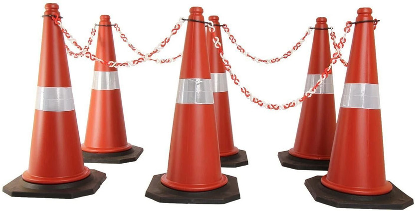 Ladwa Road Traffic Cone, Pack of 6 cones 750mm, with 6 mtr chain + 6 hooks, (Safety Cone, Traffic Safety Cone, Road Safety Cone with Reflective Strips Collar) Emergency Sign(Reflective Sign)