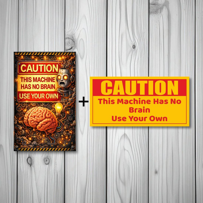 komstec Machine Has No Brain Sign Board Sun Board Combo For Factories.8x5 inches Emergency Sign