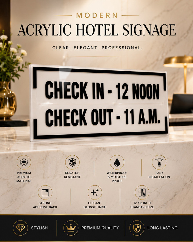 GayatriLedBoard Acrylic Hotel Check In & Check Out Sign Board | 12 x 6 Inch Embossed Design Emergency Sign