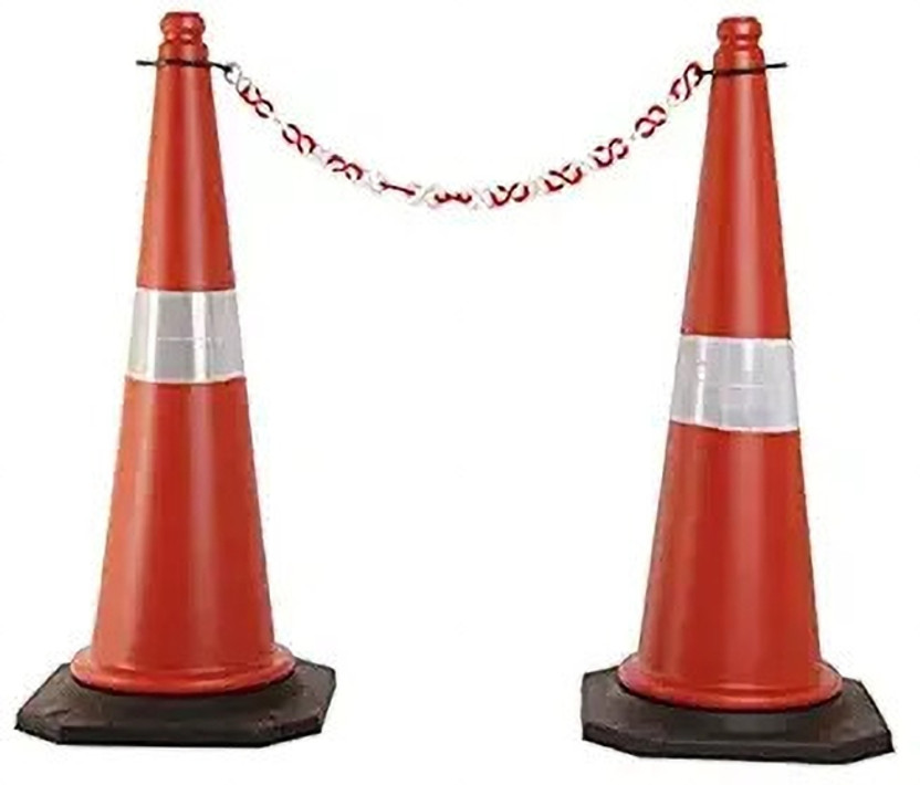Kunplast Traffic Cone with Weighted Rubber Base, ( 750mm with 2mtr chain + 2 hook), Pack of 2 Emergency Sign