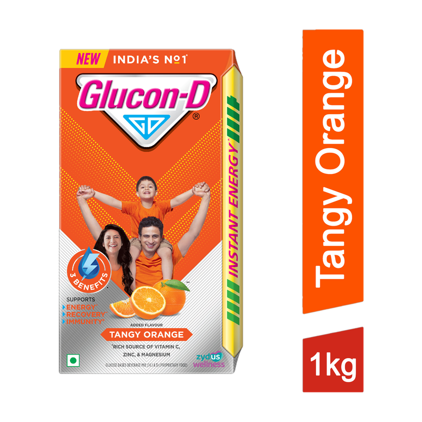GLUCON-D Tangy Orange with 3 Benefits of Energy, Recovery, and Immunity, Refill Sports Drink(1 kg, Tangy Orange Flavored)