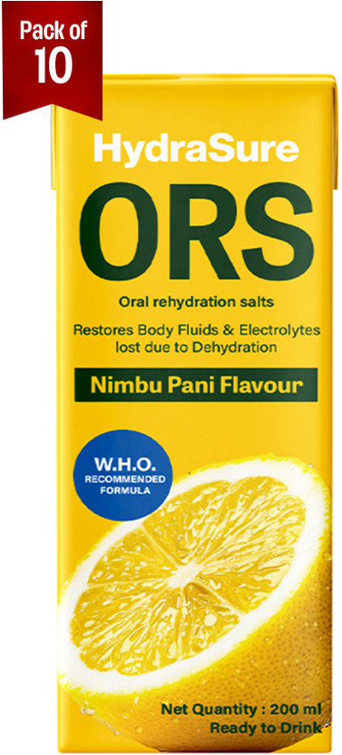 HydraSure Ready to Drink Liquid ORS | WHO Recommended Electrolytes Hydration Drink(10x200 ml, Nimbu pani Flavored)