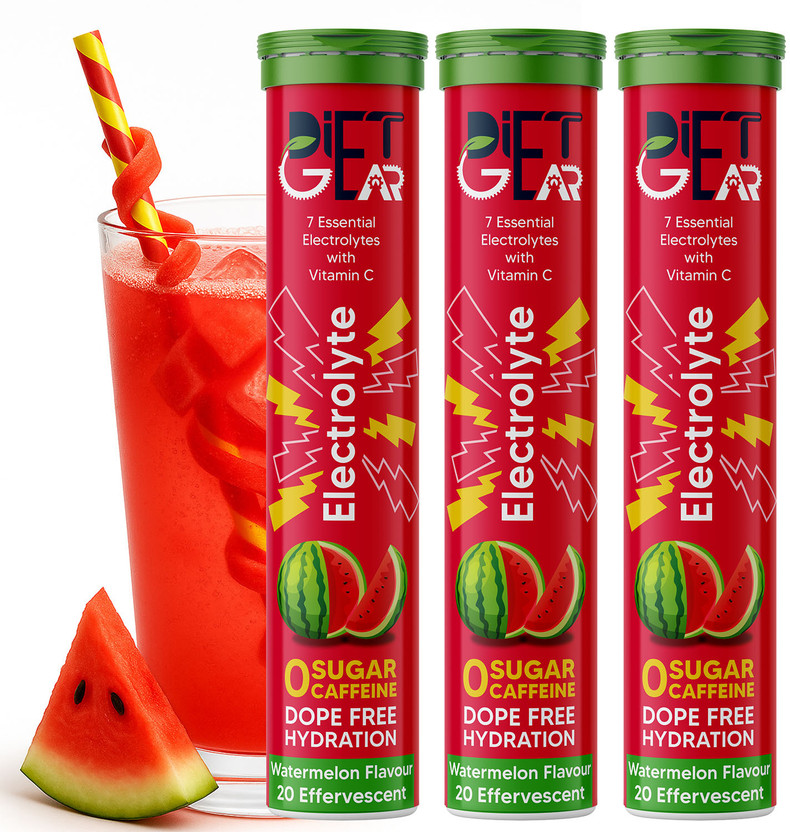 DIET GEAR Electrolytes Effervescent, Zero Sugar, Zero Caffeine, Pre & Post Workout Energy Hydration Drink(3x20 Tablets, Watermelon Flavored)
