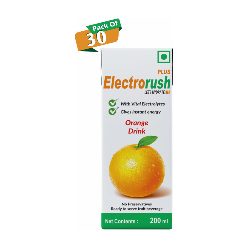 Electrorush PLUS Orange Ready to Drink Oral Rehydration Contains Electrolytes | Pack of 30 Hydration Drink(30x200 ml, Orange Flavored)