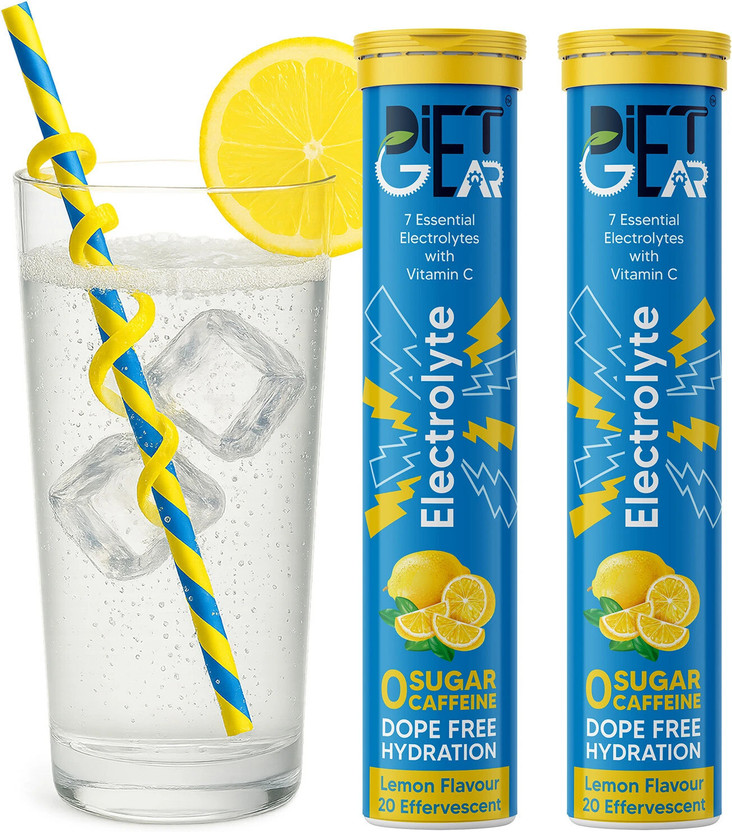DIET GEAR Electrolytes Effervescent, Zero Sugar, Zero Caffeine, Pre & Post Workout Energy Hydration Drink(2x20 Tablets, Lemon Flavored)