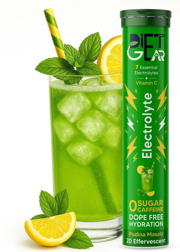 DIET GEAR Electrolytes Effervescent, Zero Sugar, Zero Caffeine, Pre & Post Workout Energy Hydration Drink(20 Tablets, Pudina Masala Flavored)