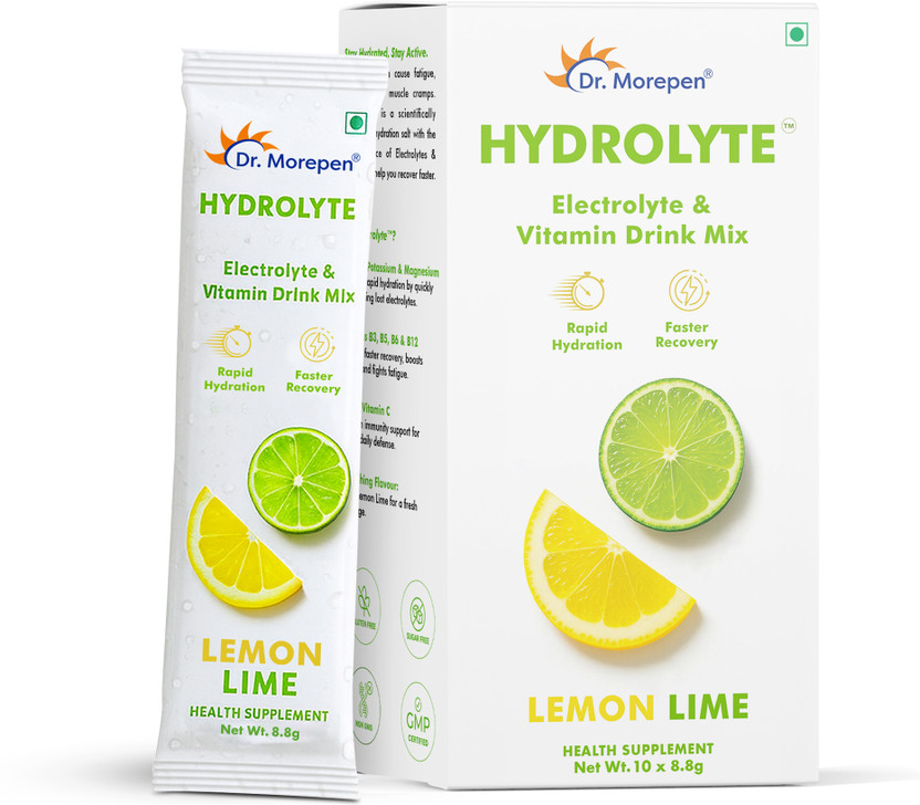 Dr. Morepen Hydration Drink Mix with Electrolytes and Vitamins Hydration Drink(10x1 Sachets, Lemon Lime Flavored)