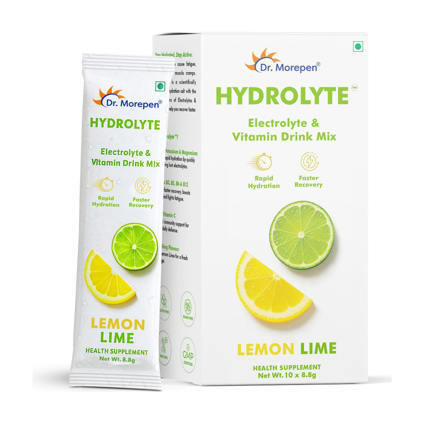 Dr. Morepen Hydration Drink Mix with Electrolytes and Vitamins Hydration Drink(10x1 Sachets, Lemon Lime Flavored)