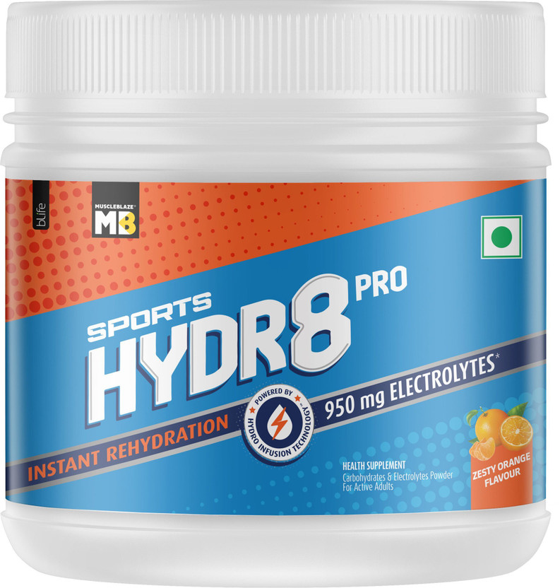 MUSCLEBLAZE Sports Hydr8 PRO, 950 mg Electrolytes, for Instant Rehydration & Energy Hydration Drink(300 g, Zesty Orange Flavored)