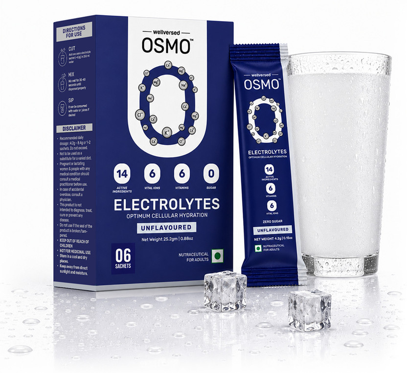Wellversed OSMO Electrolyte Powder Sachets | Rapid Hydration | Zero Sugar Electrolyte Hydration Drink(6 Sachets, Unflavoured Flavored)