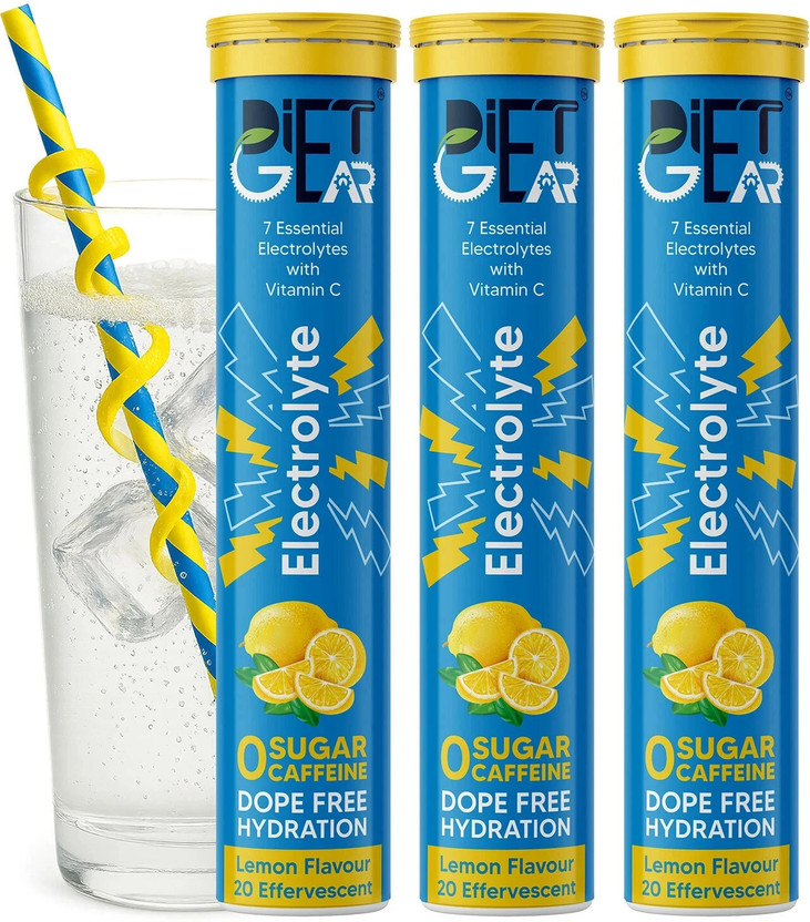 DIET GEAR Electrolytes Effervescent, Zero Sugar, Zero Caffeine, Pre & Post Workout Energy Hydration Drink(3x20 Tablets, Lemon Flavored)
