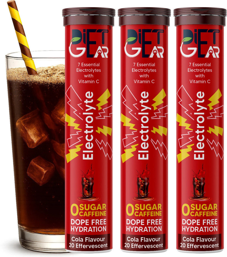 DIET GEAR Electrolytes Effervescent, Zero Sugar, Zero Caffeine, Pre & Post Workout Energy Hydration Drink(3x20 Tablets, Cola Flavored)