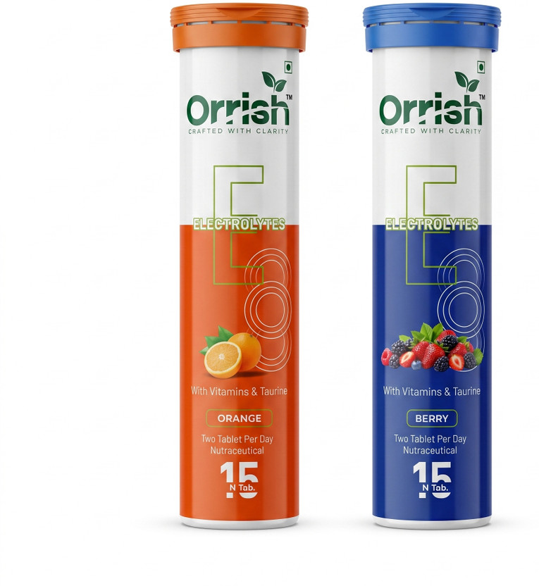 ORRISH Electrolyte Hydration Tablets Combo Orange & Berry | Energy Support Hydration Drink(2x15 Tablets, Berry, Orange Flavored)